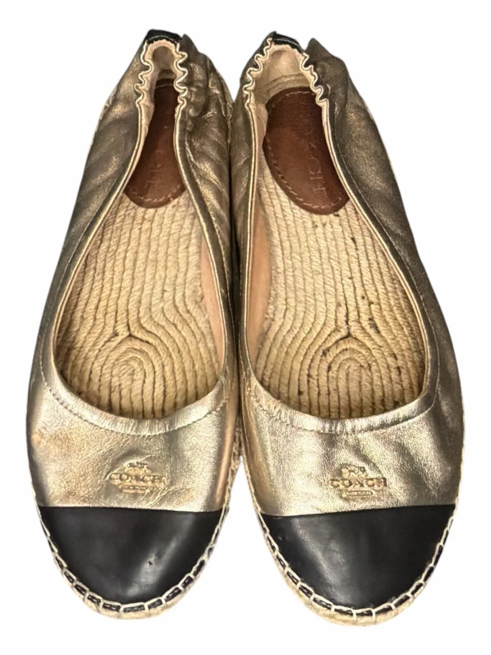 Coach Gold & Black Leather Cap Toe Espadrille Ballet Flats Women’s Size 10B